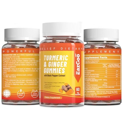 EAZGOO Curcumin-Turmeric-Gummis 500mg für Erwachsene mit schwarzem Pfeffer, Ingwerwurzel, Vitamin C, zuckerarme Fruchtgummis, Orangengeschmack – 120 Stück