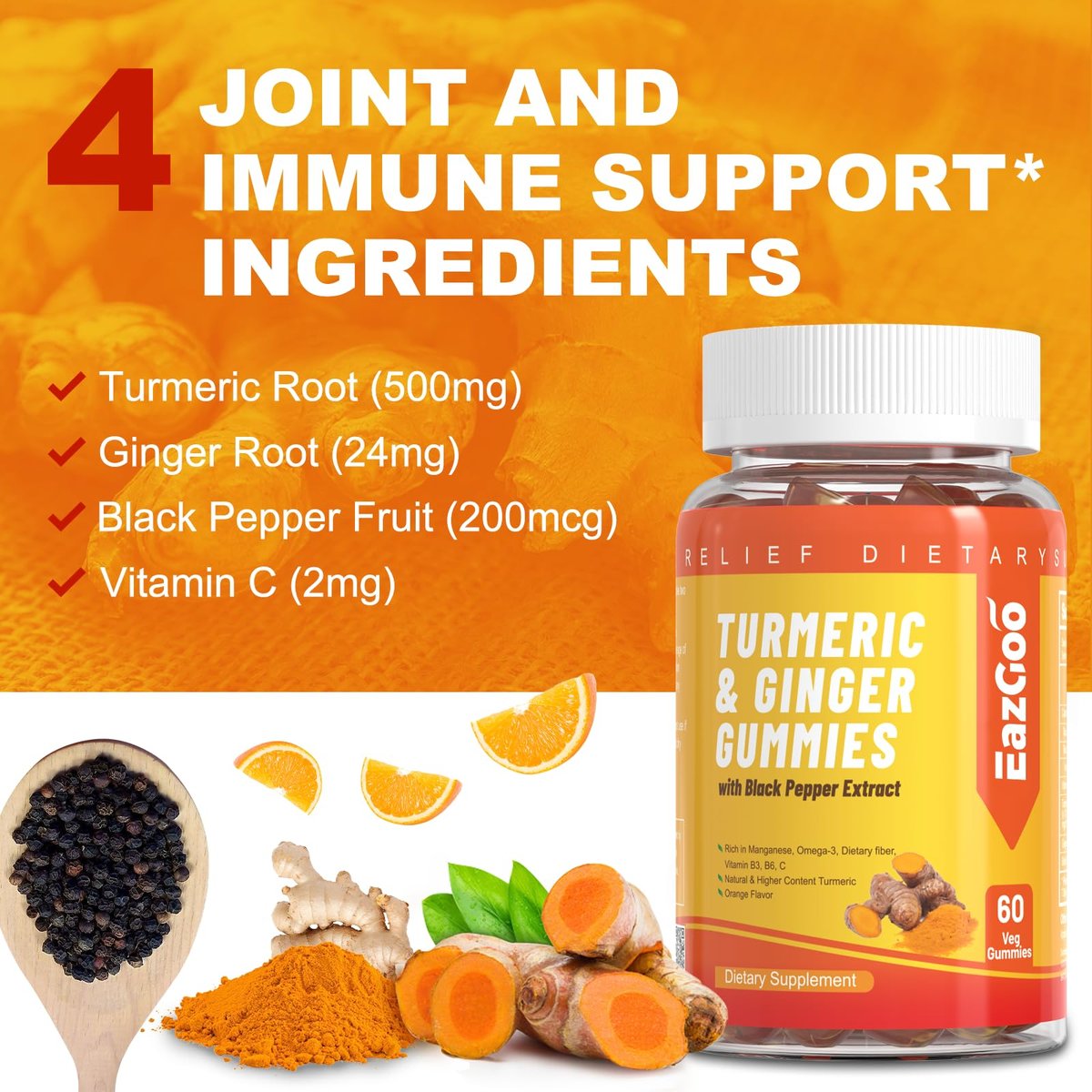 EAZGOO Curcumin-Gummis mit Kurkuma 500 mg für Erwachsene, mit schwarzem Pfeffer, Ingwerwurzel, Vitamin C, zuckerarme Fruchtgummis, Orangengeschmack - 60 Stück