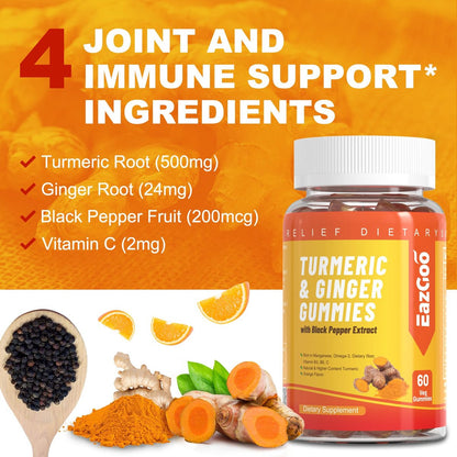 EAZGOO Curcumin-Gummis mit Kurkuma 500 mg für Erwachsene, mit schwarzem Pfeffer, Ingwerwurzel, Vitamin C, zuckerarme Fruchtgummis, Orangengeschmack - 60 Stück