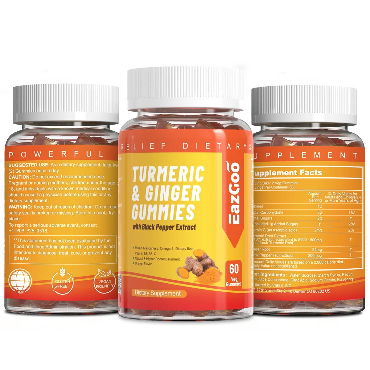 EAZGOO Curcumin-Gummis mit Kurkuma 500 mg für Erwachsene, mit schwarzem Pfeffer, Ingwerwurzel, Vitamin C, zuckerarme Fruchtgummis, Orangengeschmack - 60 Stück