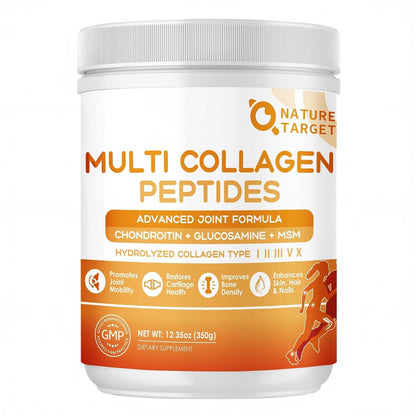 NATURE TARGET Multi-Kollagen-Peptid-Pulver für Gelenkunterstützung, hydrolysiertes Kollagen für Frauen und Männer mit MSM + GC, Typ I II III V X Kollagen für Haut, Haare und Nägel, Nicht-GVO, 35 Portionen