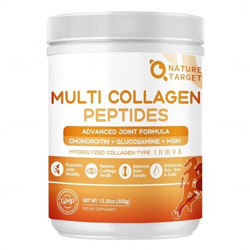 NATURE TARGET Multi-Kollagen-Peptid-Pulver für Gelenkunterstützung, hydrolysiertes Kollagen für Frauen und Männer mit MSM + GC, Typ I II III V X Kollagen für Haut, Haare und Nägel, Nicht-GVO, 35 Portionen