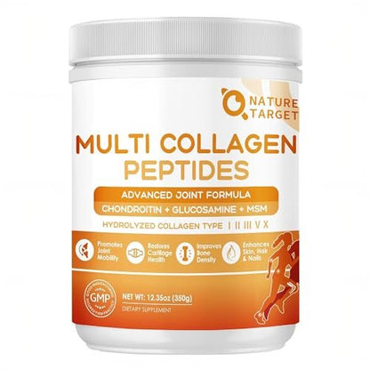 NATURE TARGET Multi-Kollagen-Peptid-Pulver für Gelenkunterstützung, hydrolysiertes Kollagen für Frauen und Männer mit MSM + GC, Typ I II III V X Kollagen für Haut, Haare und Nägel, Nicht-GVO, 35 Portionen