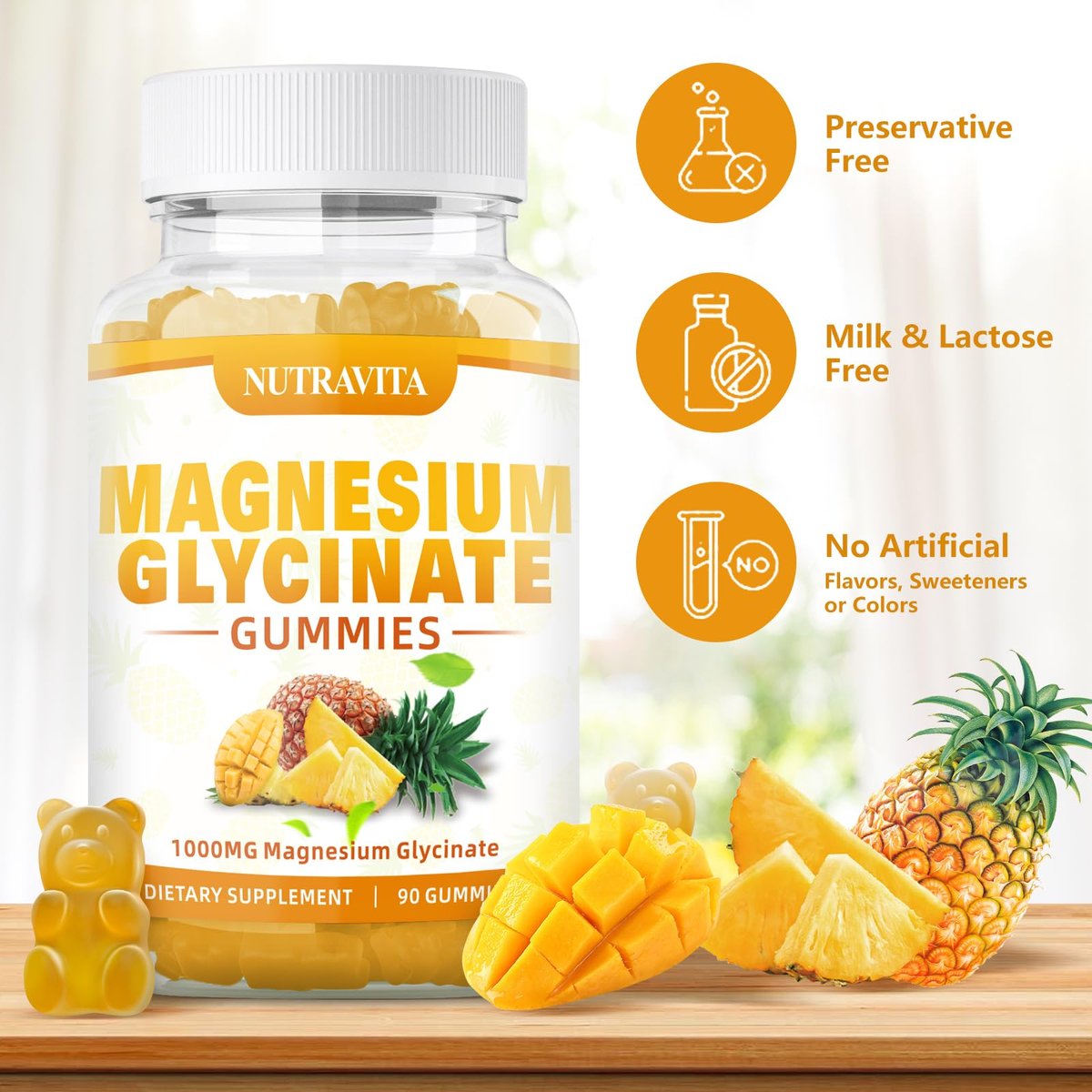 Magnesium Glycinat Gummibärchen 1000mg mit Magnesium-L-Threonat, Kaliumkomplex, VitD, B6, CoQ10, Calcium – Unterstützt Gedächtnis, Ruhe, Stimmung – 90 Mango-Ananas-Gummis