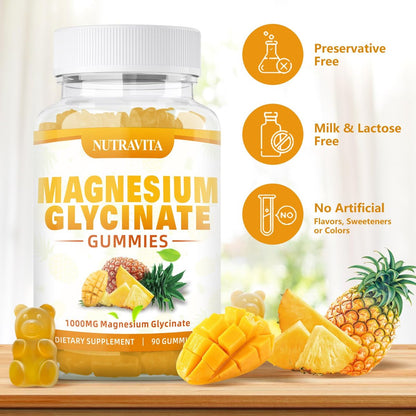 Magnesium Glycinat Gummibärchen 1000mg mit Magnesium-L-Threonat, Kaliumkomplex, VitD, B6, CoQ10, Calcium – Unterstützt Gedächtnis, Ruhe, Stimmung – 90 Mango-Ananas-Gummis