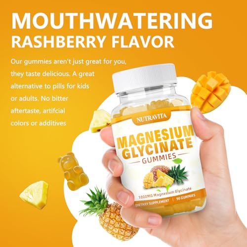 Magnesium Glycinat Gummibärchen 1000mg mit Magnesium-L-Threonat, Kaliumkomplex, VitD, B6, CoQ10, Calcium – Unterstützt Gedächtnis, Ruhe, Stimmung – 90 Mango-Ananas-Gummis