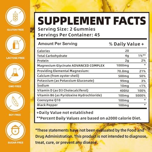 Magnesium Glycinat Gummibärchen 1000mg mit Magnesium-L-Threonat, Kaliumkomplex, VitD, B6, CoQ10, Calcium – Unterstützt Gedächtnis, Ruhe, Stimmung – 90 Mango-Ananas-Gummis