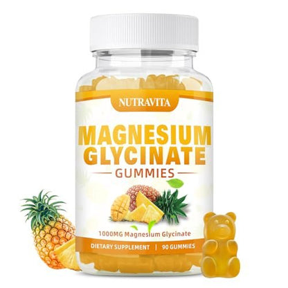 Magnesium Glycinat Gummibärchen 1000mg mit Magnesium-L-Threonat, Kaliumkomplex, VitD, B6, CoQ10, Calcium – Unterstützt Gedächtnis, Ruhe, Stimmung – 90 Mango-Ananas-Gummis