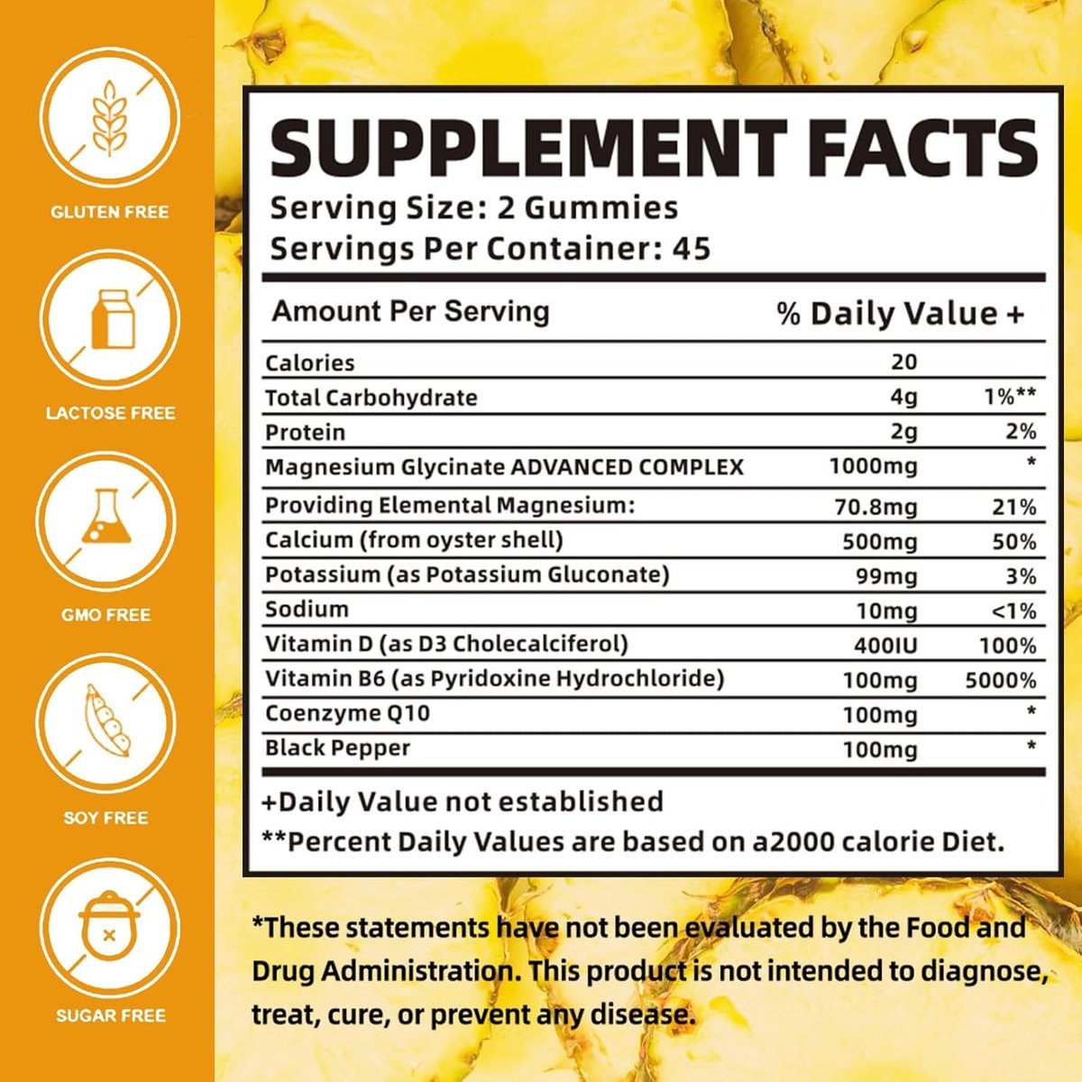 Magnesium Glycinat Gummibärchen 1000mg mit Magnesium-L-Threonat, Kaliumkomplex, VitD, B6, CoQ10, Calcium – Unterstützt Gedächtnis, Ruhe, Stimmung – 90 Mango-Ananas-Gummis