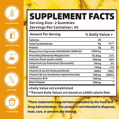 Magnesium Glycinat Gummibärchen 1000mg mit Magnesium-L-Threonat, Kaliumkomplex, VitD, B6, CoQ10, Calcium – Unterstützt Gedächtnis, Ruhe, Stimmung – 90 Mango-Ananas-Gummis