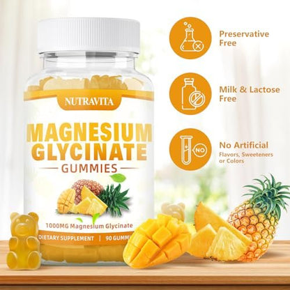Magnesium Glycinat Gummibärchen 1000mg mit Magnesium-L-Threonat, Kaliumkomplex, VitD, B6, CoQ10, Calcium – Unterstützt Gedächtnis, Ruhe, Stimmung – 90 Mango-Ananas-Gummis