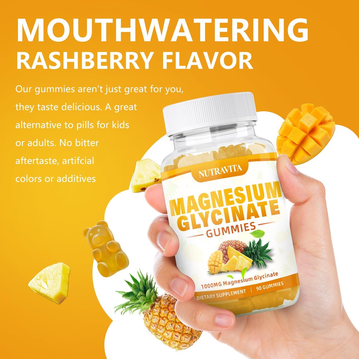 Magnesium Glycinat Gummibärchen 1000mg mit Magnesium-L-Threonat, Kaliumkomplex, VitD, B6, CoQ10, Calcium – Unterstützt Gedächtnis, Ruhe, Stimmung – 90 Mango-Ananas-Gummis