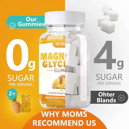 Magnesium Glycinat Gummibärchen 1000mg mit Magnesium-L-Threonat, Kaliumkomplex, VitD, B6, CoQ10, Calcium – Unterstützt Gedächtnis, Ruhe, Stimmung – 90 Mango-Ananas-Gummis