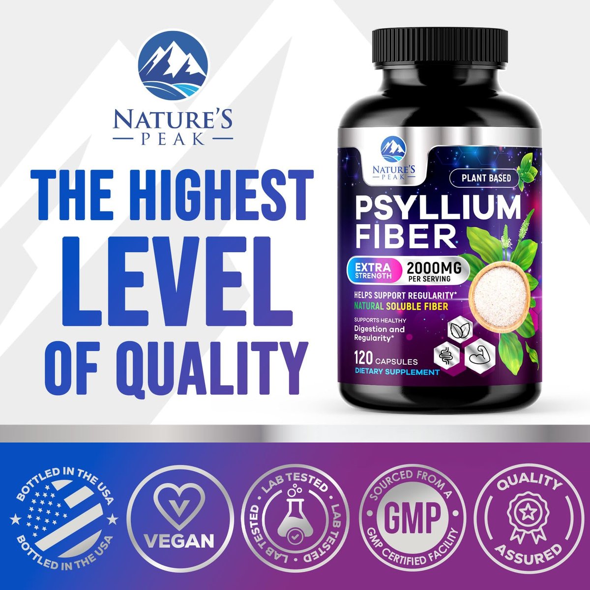 Psylliumschalen-Pulver 2000 mg pro Portion – Löslicher Ballaststoff für tägliche Verdauungsgesundheit & Regelmäßigkeit, natürliches Psyllium-Pulver in Kapseln, veganes Präbiotikum, Non-GMO & glutenfrei – 120 Kapseln