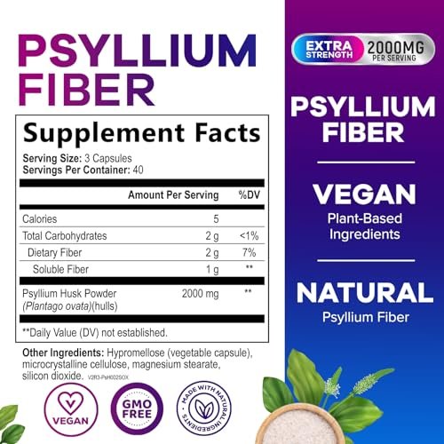 Psylliumschalen-Pulver 2000 mg pro Portion – Löslicher Ballaststoff für tägliche Verdauungsgesundheit & Regelmäßigkeit, natürliches Psyllium-Pulver in Kapseln, veganes Präbiotikum, Non-GMO & glutenfrei – 120 Kapseln