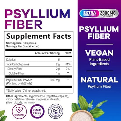 Psylliumschalen-Pulver 2000 mg pro Portion – Löslicher Ballaststoff für tägliche Verdauungsgesundheit & Regelmäßigkeit, natürliches Psyllium-Pulver in Kapseln, veganes Präbiotikum, Non-GMO & glutenfrei – 120 Kapseln
