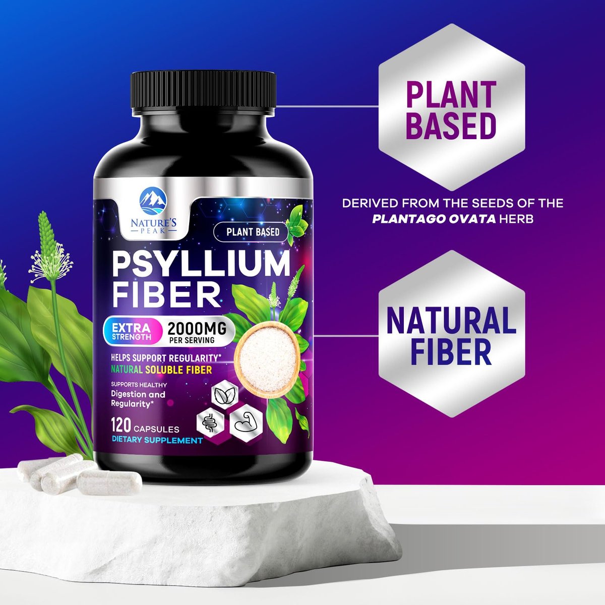 Psylliumschalen-Pulver 2000 mg pro Portion – Löslicher Ballaststoff für tägliche Verdauungsgesundheit & Regelmäßigkeit, natürliches Psyllium-Pulver in Kapseln, veganes Präbiotikum, Non-GMO & glutenfrei – 120 Kapseln