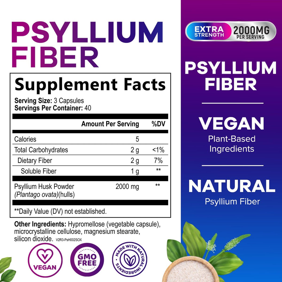 Psylliumschalen-Pulver 2000 mg pro Portion – Löslicher Ballaststoff für tägliche Verdauungsgesundheit & Regelmäßigkeit, natürliches Psyllium-Pulver in Kapseln, veganes Präbiotikum, Non-GMO & glutenfrei – 120 Kapseln