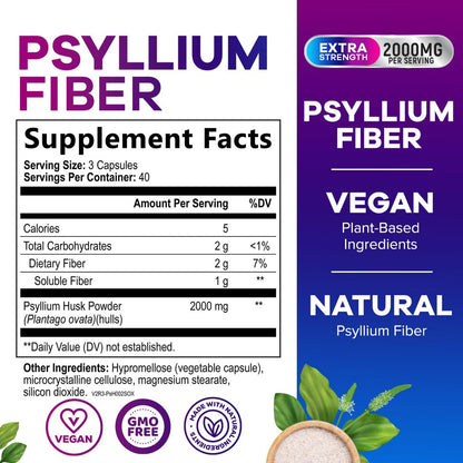 Psylliumschalen-Pulver 2000 mg pro Portion – Löslicher Ballaststoff für tägliche Verdauungsgesundheit & Regelmäßigkeit, natürliches Psyllium-Pulver in Kapseln, veganes Präbiotikum, Non-GMO & glutenfrei – 120 Kapseln