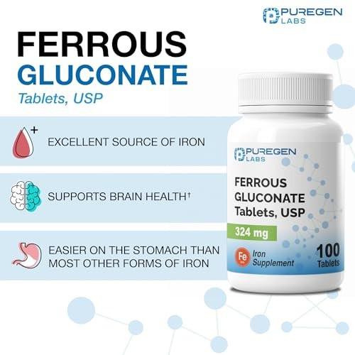Puregen Labs Ferrous Gluconat 324 mg [Hochdosiert] Eisenpräparat, Magenschonend - 100 Tabletten