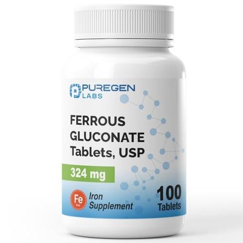 Puregen Labs Ferrous Gluconat 324 mg [Hochdosiert] Eisenpräparat, Magenschonend - 100 Tabletten