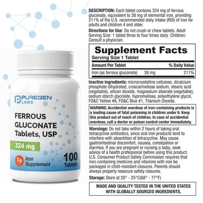 Puregen Labs Ferrous Gluconat 324 mg [Hochdosiert] Eisenpräparat, Magenschonend - 100 Tabletten
