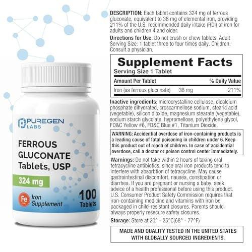 Puregen Labs Ferrous Gluconat 324 mg [Hochdosiert] Eisenpräparat, Magenschonend - 100 Tabletten