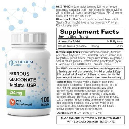 Puregen Labs Ferrous Gluconat 324 mg [Hochdosiert] Eisenpräparat, Magenschonend - 100 Tabletten