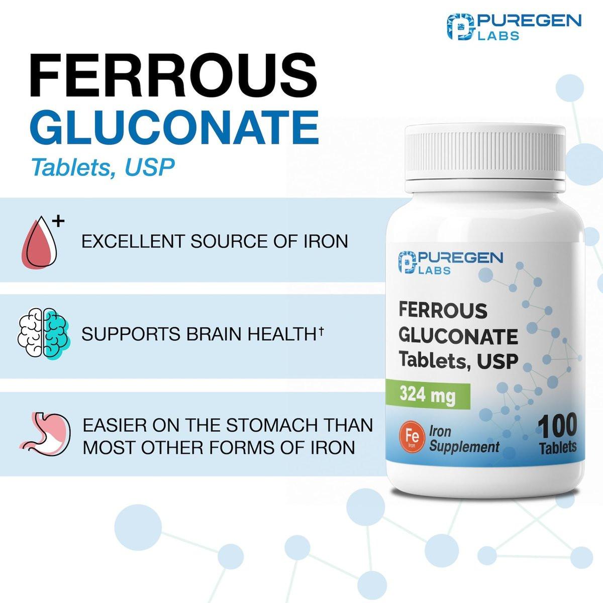 Puregen Labs Ferrous Gluconat 324 mg [Hochdosiert] Eisenpräparat, Magenschonend - 100 Tabletten