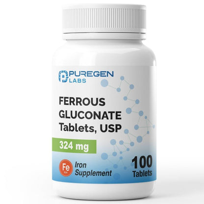 Puregen Labs Ferrous Gluconat 324 mg [Hochdosiert] Eisenpräparat, Magenschonend - 100 Tabletten