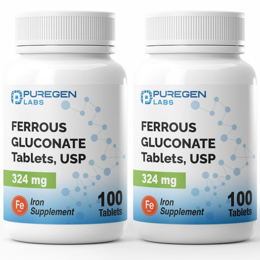 Puregen Labs Ferrous Gluconat 324 mg [Hohe Potenz] Eisenpräparat, Magenschonend | 2er-Pack – 200 Tabletten insgesamt