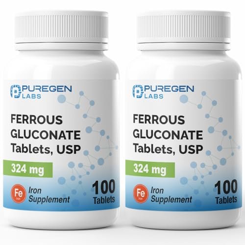 Puregen Labs Ferrous Gluconat 324 mg [Hohe Potenz] Eisenpräparat, Magenschonend | 2er-Pack – 200 Tabletten insgesamt