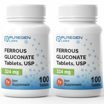 Puregen Labs Ferrous Gluconat 324 mg [Hohe Potenz] Eisenpräparat, Magenschonend | 2er-Pack – 200 Tabletten insgesamt