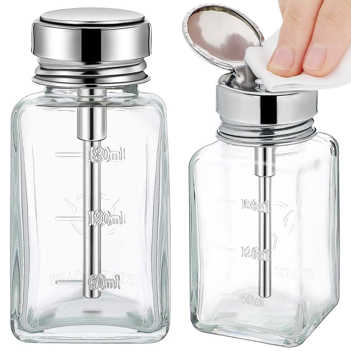 Noverlife 2er-Pack 180 ml Klare Pumpe Dispenser Flasche, Quadratischer Glas-Push-Down-Flüssigkeitsspender, Nagellackentferner Handpumpen-Behälter mit Klappdeckel Nachfüllbarer Pumpe