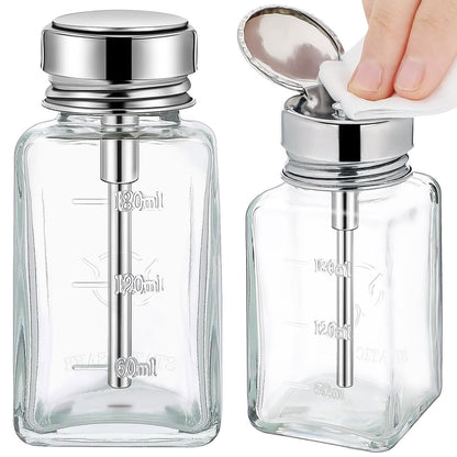 Noverlife 2er-Pack 180 ml Klare Pumpe Dispenser Flasche, Quadratischer Glas-Push-Down-Flüssigkeitsspender, Nagellackentferner Handpumpen-Behälter mit Klappdeckel Nachfüllbarer Pumpe