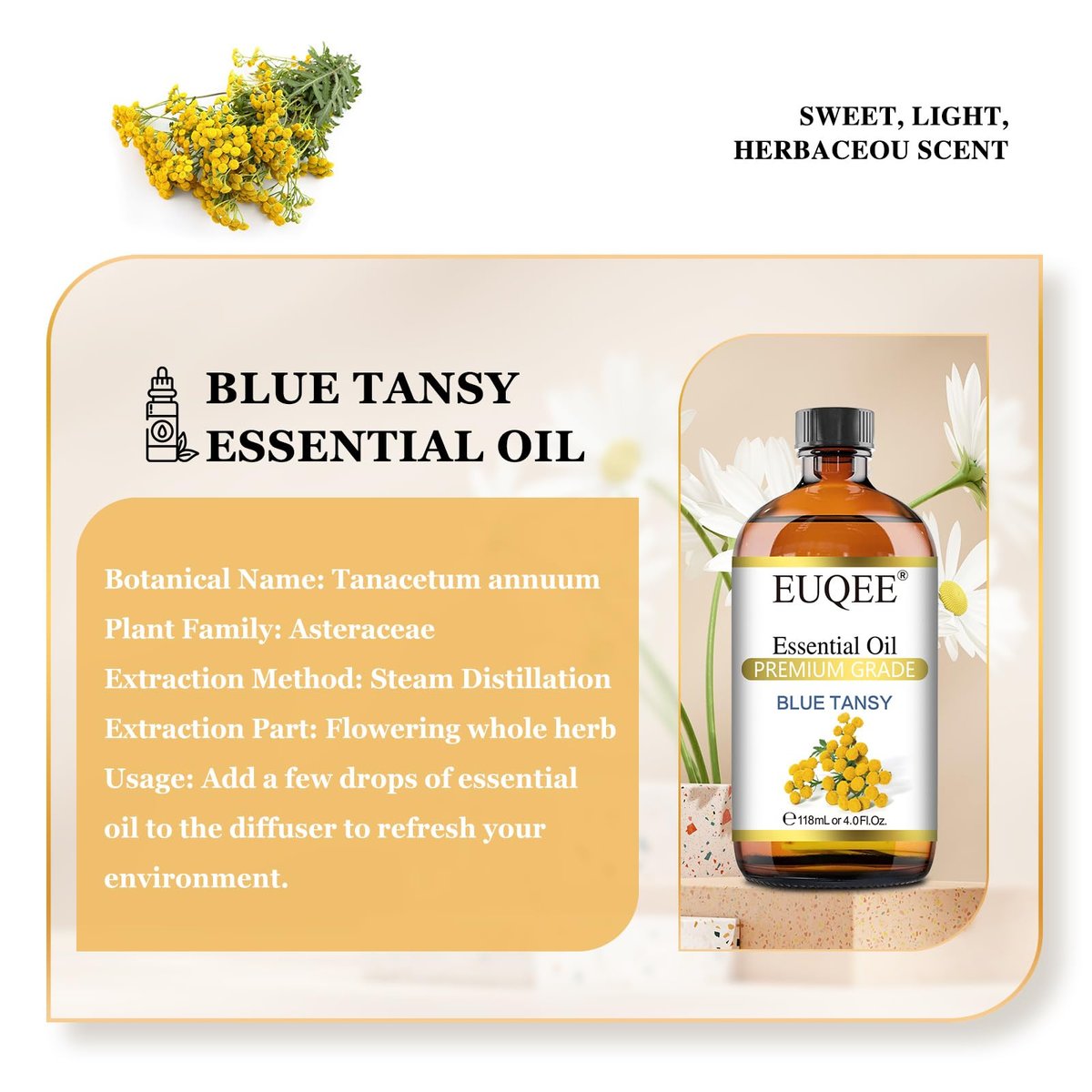 EUQEE Blau-Rainfarn-Öl 118 ml – Reines ätherisches Öl für Diffuser, Seifenherstellung und Hautpflege mit Pipette
