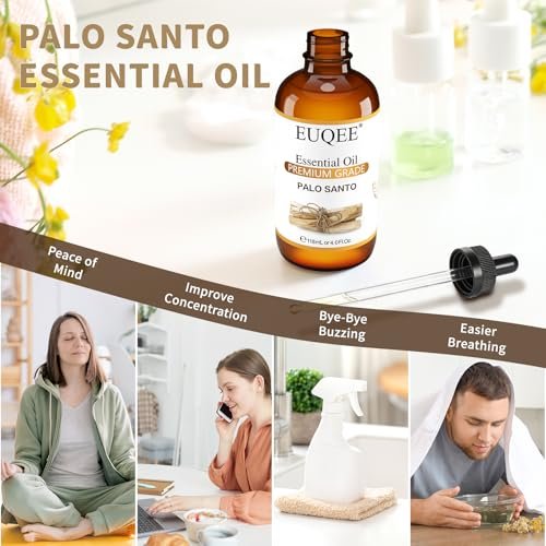 EUQEE Palo Santo Öl 118 ml – Reines Palo Santo Ätherisches Öl mit Glaspipette für Diffuser, Seifen- und Kerzenherstellung – 4 Fl. Oz