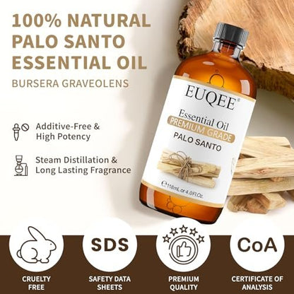 EUQEE Palo Santo Öl 118 ml – Reines Palo Santo Ätherisches Öl mit Glaspipette für Diffuser, Seifen- und Kerzenherstellung – 4 Fl. Oz