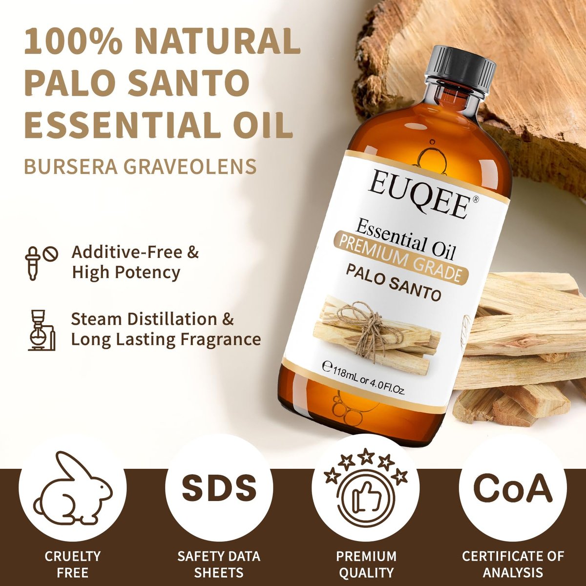 EUQEE Palo Santo Öl 118 ml – Reines Palo Santo Ätherisches Öl mit Glaspipette für Diffuser, Seifen- und Kerzenherstellung – 4 Fl. Oz