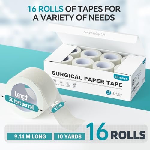 Dimora Paper Medical Tape 16 Rollen - Hypoallergenes Weißes Chirurgisches Klebeband für empfindliche Haut, Atmungsaktives Erste-Hilfe-Wundpflaster mit schmerzfreiem Entfernen, Fixiert Verbände und Medizinprodukte - 2,5 cm x 9,1 m