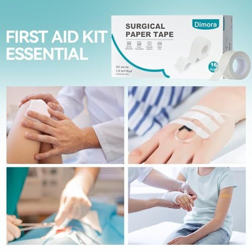 Dimora Paper Medical Tape 16 Rollen - Hypoallergenes Weißes Chirurgisches Klebeband für empfindliche Haut, Atmungsaktives Erste-Hilfe-Wundpflaster mit schmerzfreiem Entfernen, Fixiert Verbände und Medizinprodukte - 2,5 cm x 9,1 m