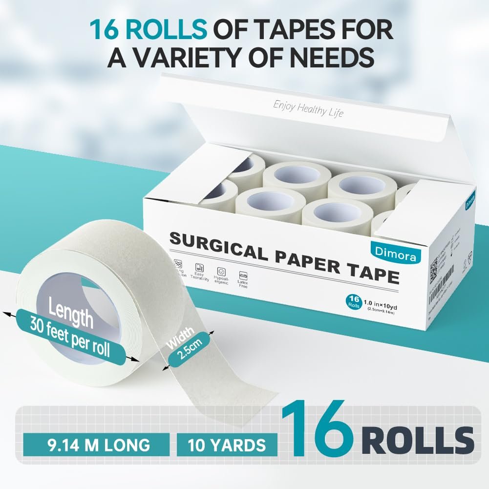 Dimora Paper Medical Tape 16 Rollen - Hypoallergenes Weißes Chirurgisches Klebeband für empfindliche Haut, Atmungsaktives Erste-Hilfe-Wundpflaster mit schmerzfreiem Entfernen, Fixiert Verbände und Medizinprodukte - 2,5 cm x 9,1 m