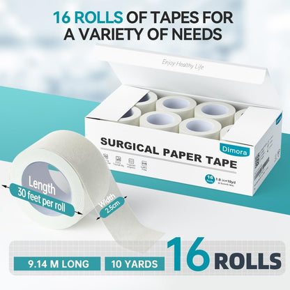 Dimora Paper Medical Tape 16 Rollen - Hypoallergenes Weißes Chirurgisches Klebeband für empfindliche Haut, Atmungsaktives Erste-Hilfe-Wundpflaster mit schmerzfreiem Entfernen, Fixiert Verbände und Medizinprodukte - 2,5 cm x 9,1 m