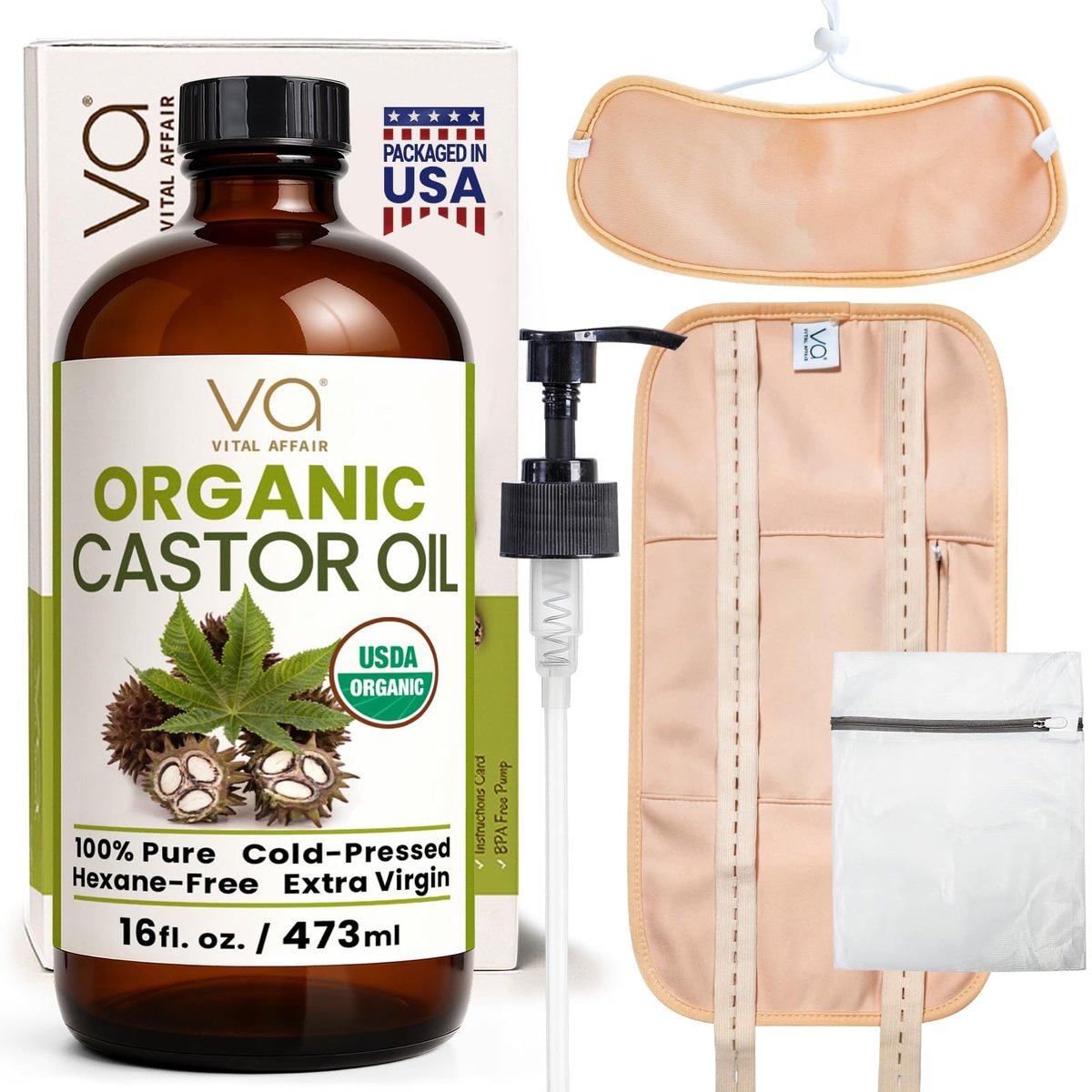 Castor Oil Pack Wrap Kit – USDA Bio, 450 ml kaltgepresstes, hexanfreies Rizinusöl in Glasflasche | Verstellbare Baumwoll-Flanell-Wraps für Taille und Nacken | Hergestellt in USA | Leber-, Bauch- und Entgiftungstherapie
