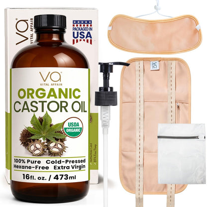 Castor Oil Pack Wrap Kit – USDA Bio, 450 ml kaltgepresstes, hexanfreies Rizinusöl in Glasflasche | Verstellbare Baumwoll-Flanell-Wraps für Taille und Nacken | Hergestellt in USA | Leber-, Bauch- und Entgiftungstherapie