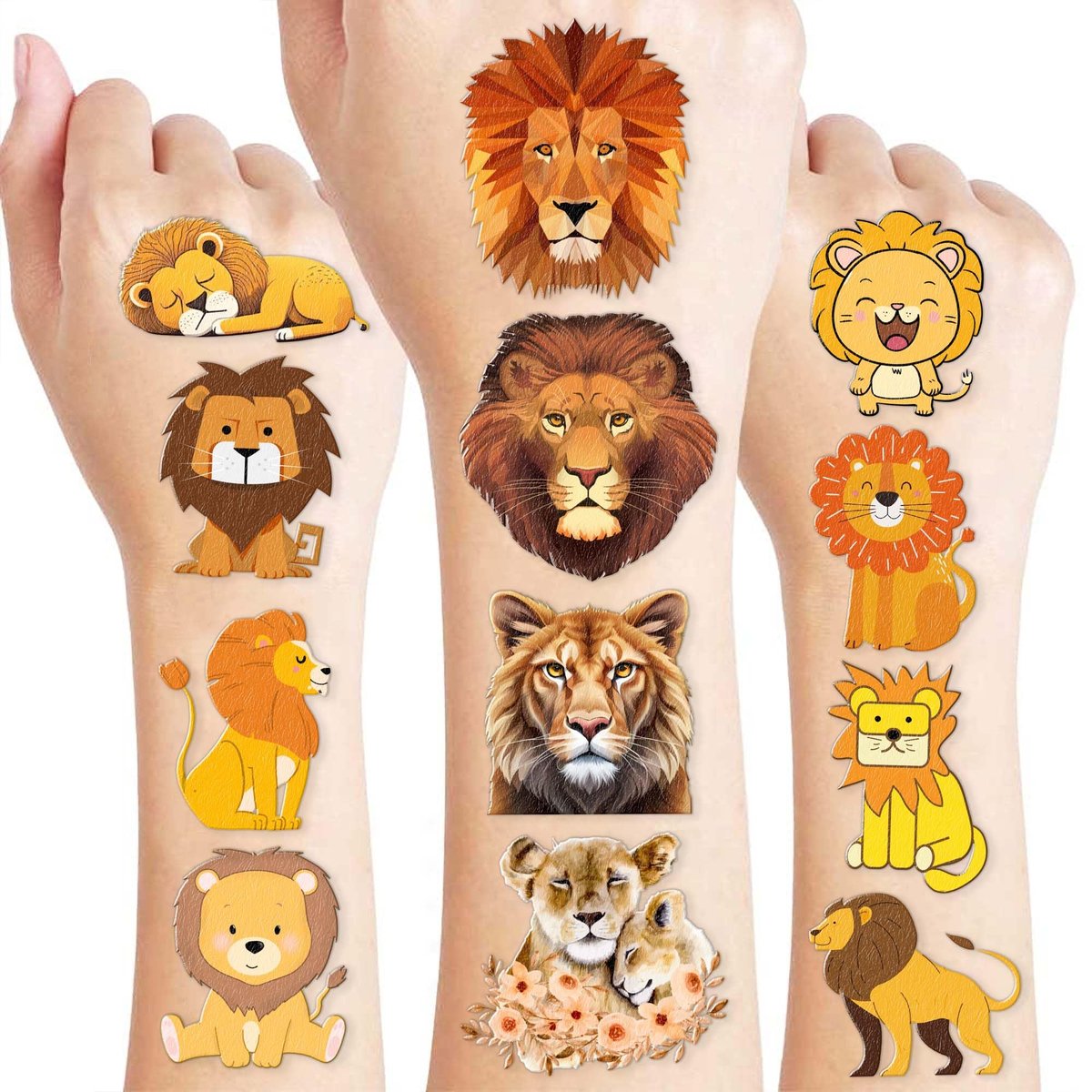 96 Stück niedliche Löwen-Tattoos zum Aufkleben – Safari-Dschungel-Party-Dekoration, Mitgebsel und Spaß-Sticker für Kinder, Erwachsene, Jungen, Mädchen, Klassengeschenke & Belohnungen