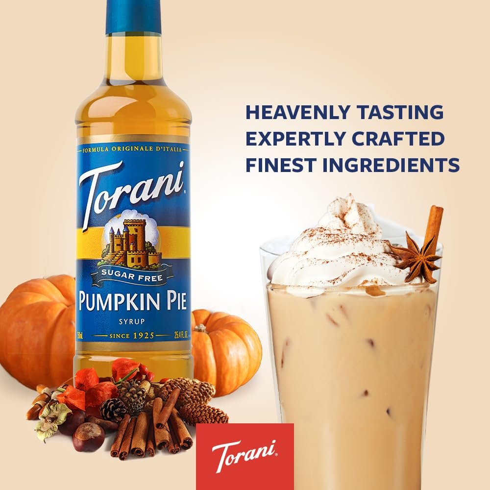 Torani Sugar Free Pumpkin Pie Sirup – 750 ml – Kalorienfreier Kürbisgeschmack für Kaffee, Desserts & Cocktails