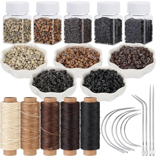 Yuxung 2500 Stück Haarverlängerungs-Mikroringe und -Perlen, 5 Rollen Nähgarn und 10 C/J/I-Nadeln Set für DIY-Haarperücken und Handnähen