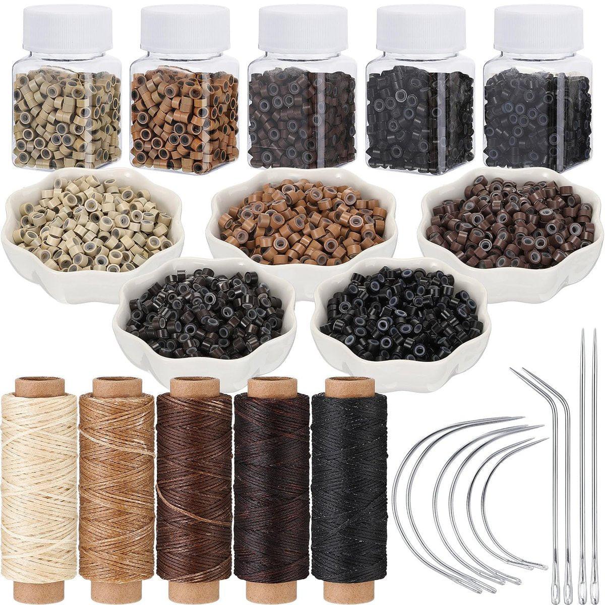 Yuxung 2500 Stück Haarverlängerungs-Mikroringe und -Perlen, 5 Rollen Nähgarn und 10 C/J/I-Nadeln Set für DIY-Haarperücken und Handnähen