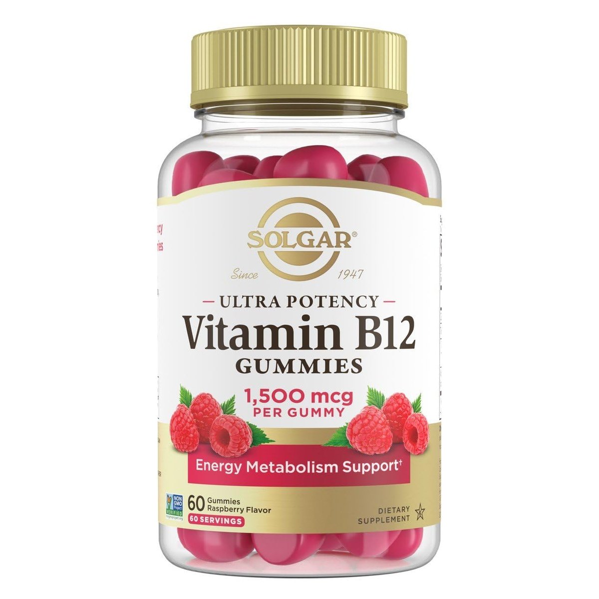 Solgar Methyl B12 Gummis für Erwachsene - 1.500 mcg Hochdosiertes Vitamin B12 für Energie & Stoffwechselunterstützung, Himbeergeschmack, Vegan & Glutenfrei, 2-Monatsvorrat, 60 Portionen, 2g Zucker